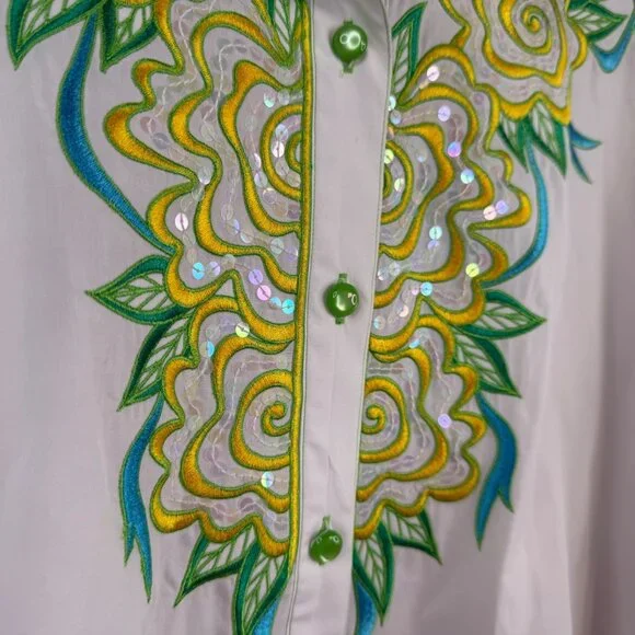 NWT Bob Mackie Wearable Art Top White Sz 1X Button Up Flower Embroidered Sequins - Picture 8 of 16